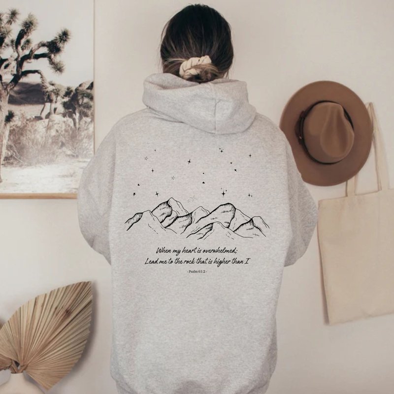 When my heart is overwhelmed Psalm 61:2 Bible Verses Hooded Sweatshirt Long Sleeve Cap t - เสื้อฮู้ด - ผ้าฝ้าย/ผ้าลินิน ขาว