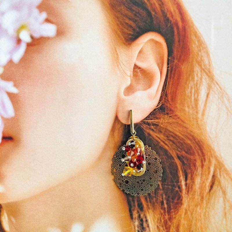 Original Design 14kgf Earrings 【Crystal Earrings】【wedding】 【gift】【baroque】 - ต่างหู - คริสตัล สีแดง