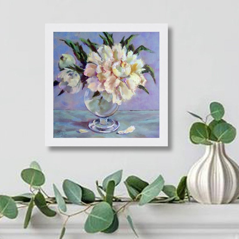 White peony oil painting on canvas - original wall art - framed flower painting - 海報/掛畫/掛布 - 棉．麻 