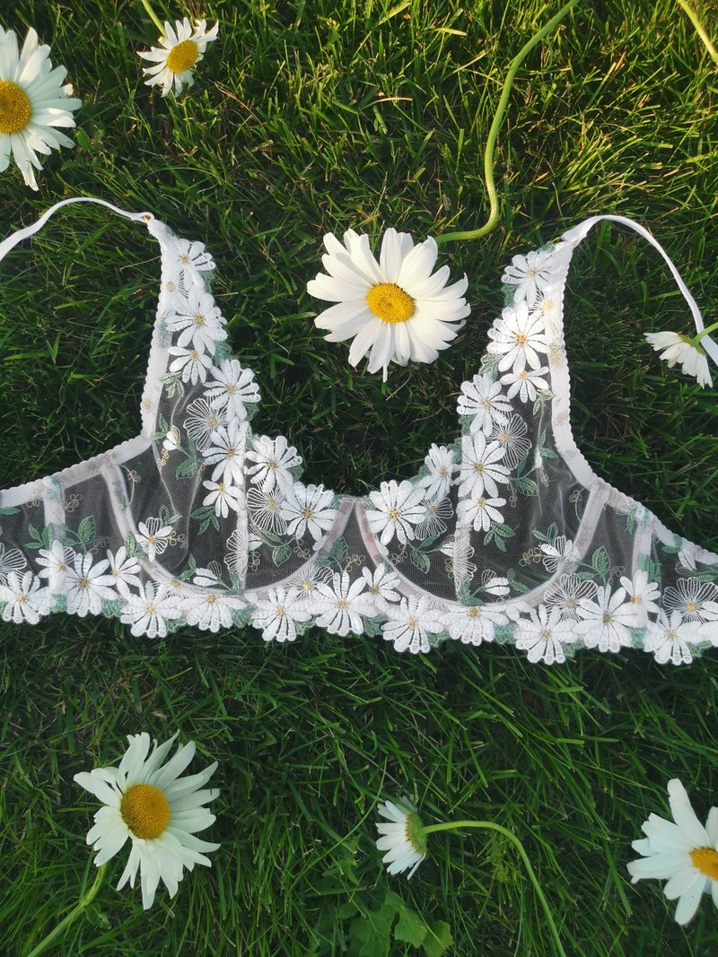 White daisies bra - Flower lace bra - Sexy lingerie - Summer wedding underwear - 女內衣褲 - 聚酯纖維 白色