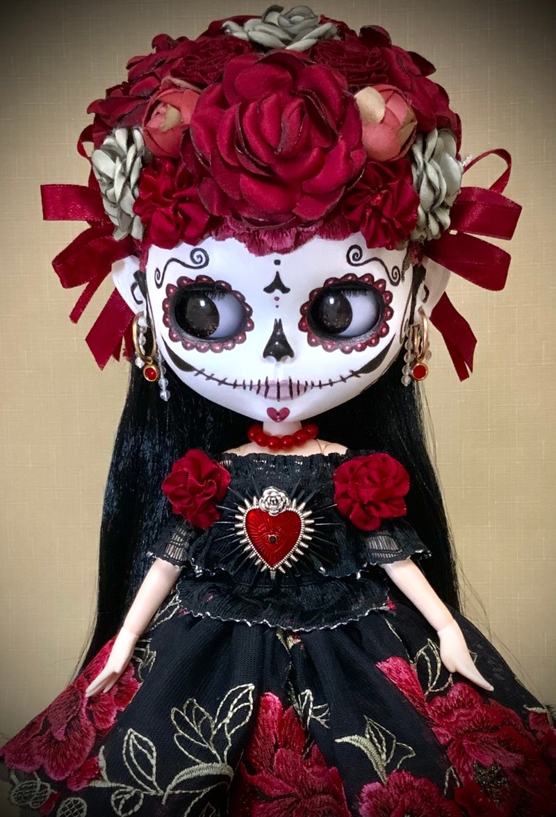 In stock. La Catrina Custom artist Blythe doll OOAK art toy, handmade halloween - 公仔/玩偶 - 塑膠 紅色
