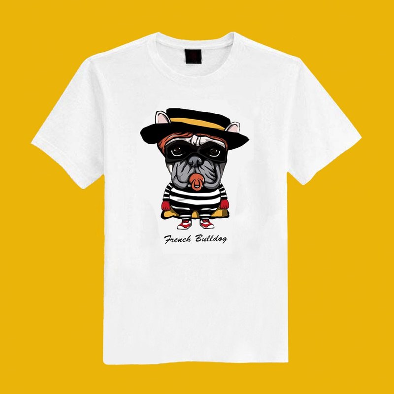 バーガー泥棒闘犬イラストホワイトショートT服Tシャツカップル服子供服母子服 - Tシャツ - コットン・麻 ホワイト