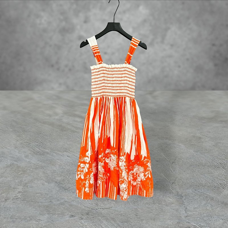 Second-hand HER & HIM orange and white color printing slightly compressed umbrella skirt dress PF508 - ชุดเดรส - เส้นใยสังเคราะห์ สีส้ม