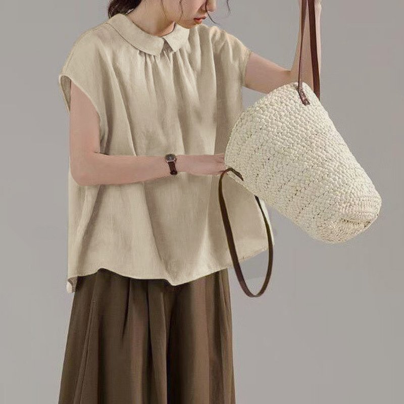 Cotton top shirt  oversized Small collar, sleeves below shoulders.  handmade - 女襯衫 - 棉．麻 多色