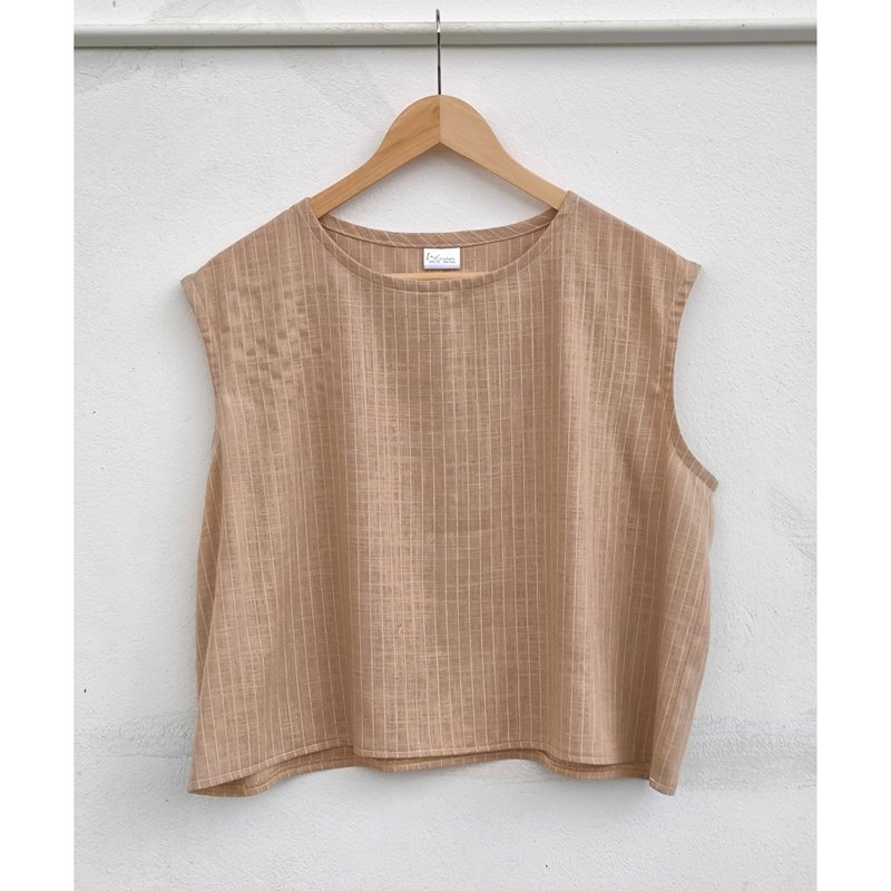 Cotton | Sleeveless top, light brown with white pinstripes - 女上衣/長袖上衣 - 棉．麻 卡其色