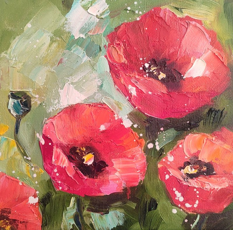 Poppies Oil Painting Flower Small Art  Poppy Artwork Landscape Painting - 壁貼/牆壁裝飾 - 其他材質 紅色