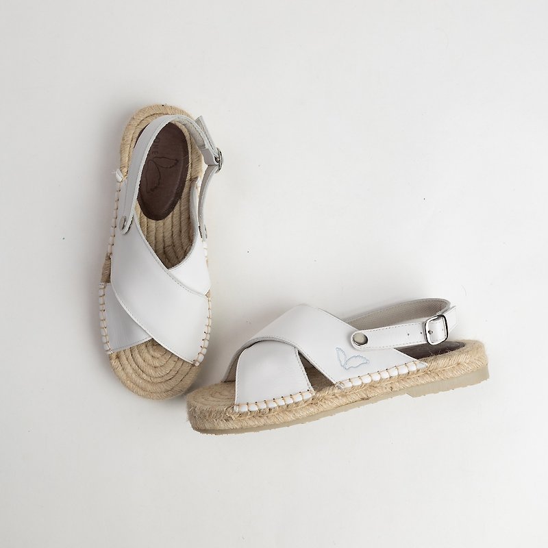 ONESHOE Handmade in Taiwan Leather Espadrilles - รองเท้ารัดส้น - หนังแท้ ขาว