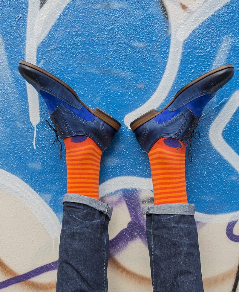 Simple Stripe Fine Sock - Orange+Purple - ถุงเท้าข้อกลาง - ผ้าฝ้าย/ผ้าลินิน สีส้ม