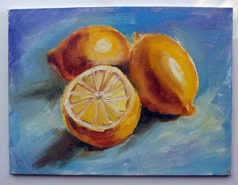 Lemons original still life handmade oil painting on canvas - โปสเตอร์ - วัสดุอื่นๆ สีเหลือง