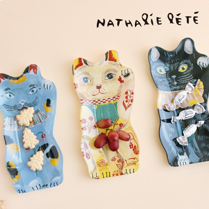 日本直送 法國插畫家Nathalie Lete貓玻璃盤 - 盤子/餐盤/盤架 - 玻璃 多色