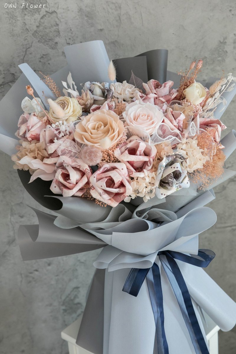 藍色花束/錢花花束/鈔票花束/錢花束/有錢花/永生花花束/生日花束 - 乾燥花/永生花 - 植物．花 藍色