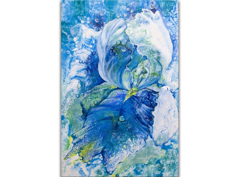 Blue Iris Painting Floral Original Art Big Flower Art Abstract Acrylic Painting - ตกแต่งผนัง - วัสดุอื่นๆ สีน้ำเงิน