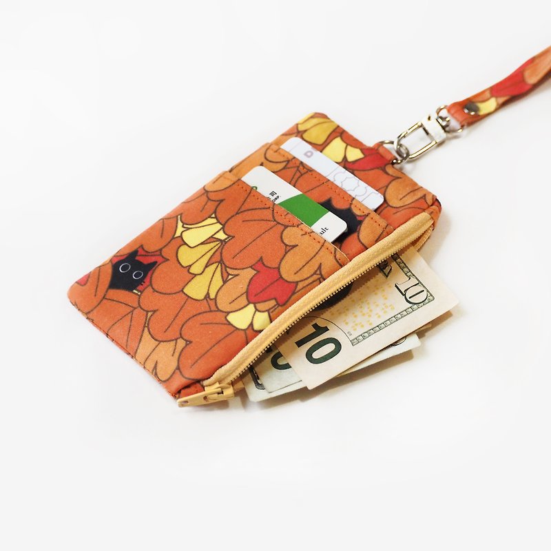 ID wallet with lanyard - Black Cats in Autumn size 8x13 cm. - Coin Purses - Cotton & Hemp Orange