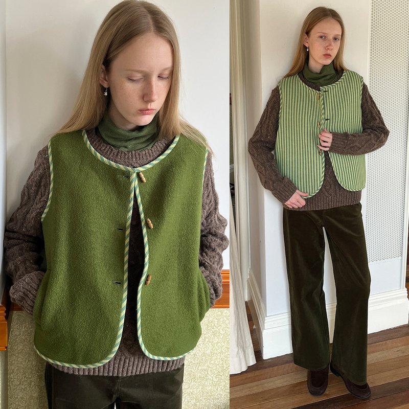 mintcheese 蜜瓜條紋童話綠 雙面穿毛圈馬甲 - 女裝 背心 - 羊毛 多色