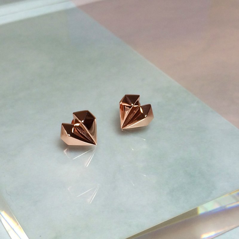 Diamond Heart 18K Rose Gold Earrings - ต่างหู - โรสโกลด์ สึชมพู