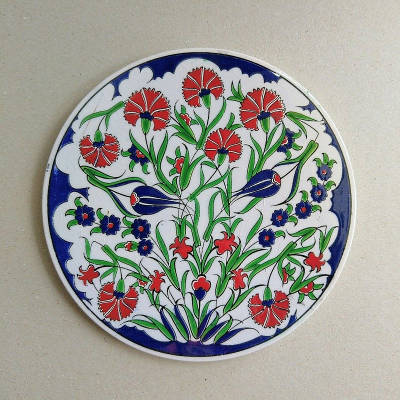 Turkish antique traditional Iznik Turkish art painted ceramic tile potholder - Coasters - Pottery Multicolor