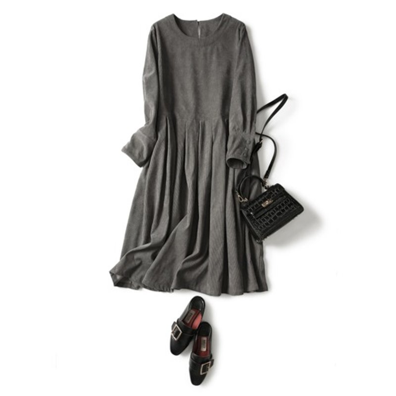 A versatile, loose-fitting design dress with a contrasting design, dark grey 191206-3 - One Piece Dresses - Cotton & Hemp 