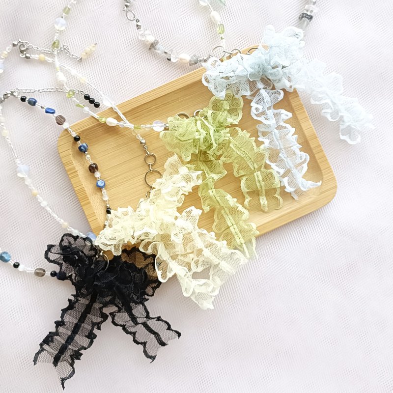 | Lace bow necklace | Natural stone beaded necklace | - Necklaces - Semi-Precious Stones 