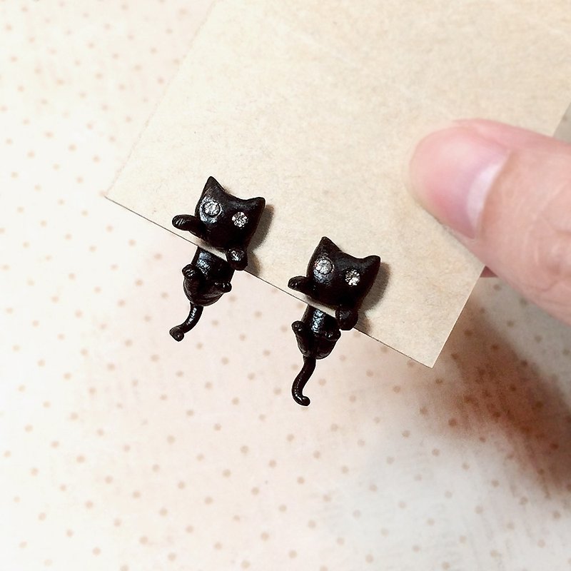 Black Cat Earrings, Two Piece Earrings, Two Part Earrings, Cat clinging earrings - Earrings & Clip-ons - Clay Black