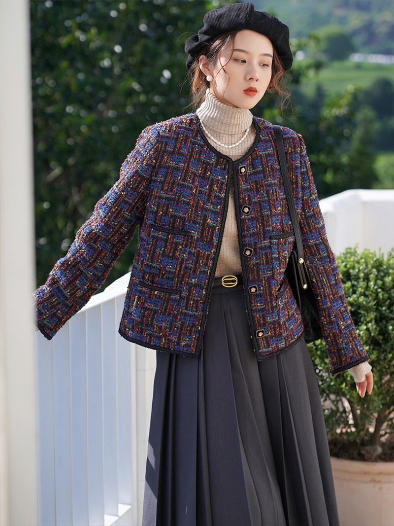 Miscellaneous yarn purple wandering star French retro floral yarn woven material jacket round neck box type small fragrance - Women's Casual & Functional Jackets - Other Man-Made Fibers Purple