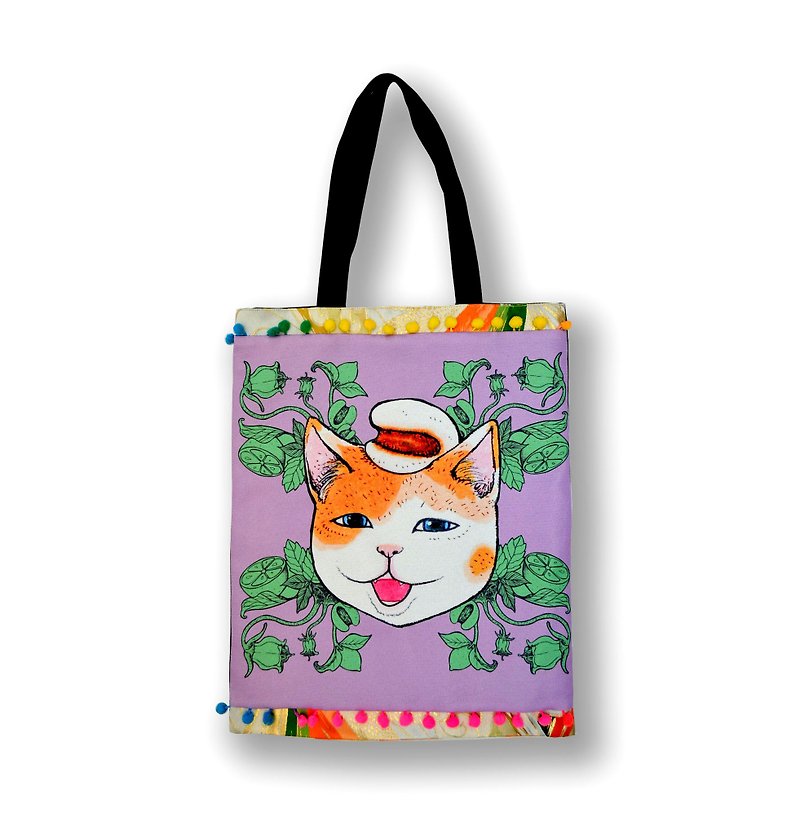 GOOKASO 雙面購物袋 TOTE BAG 紫羅蘭色 薏米貓咪 棉麻印花圖案 背面日本和服織錦綢緞 綴彩色小球花邊 - 手提包/手提袋 - 棉．麻 紫色