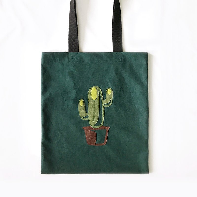 Cactus, Handmade Canvas Tote Bag - กระเป๋าแมสเซนเจอร์ - ผ้าฝ้าย/ผ้าลินิน สีเขียว
