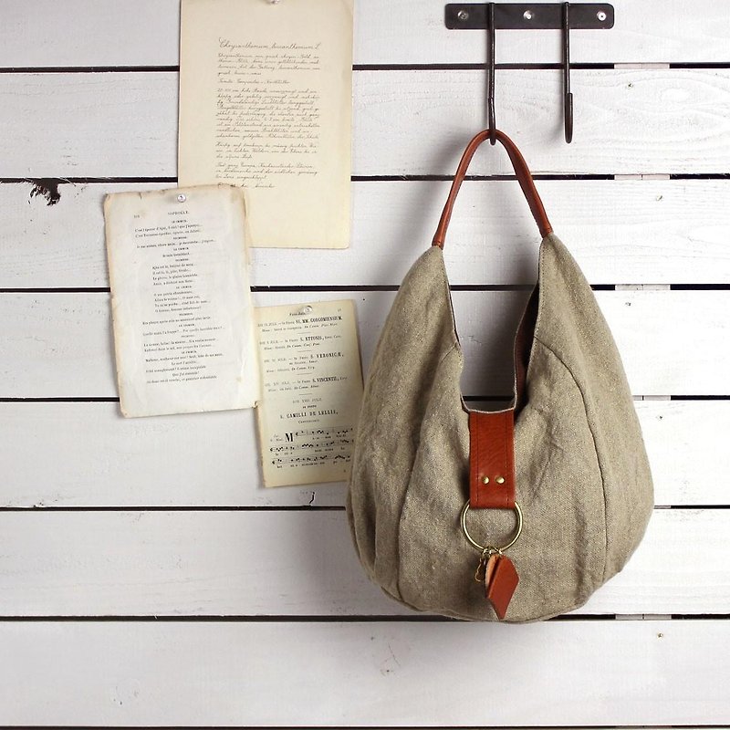 peter-mini beige × red brown linen bag - กระเป๋าถือ - ผ้าฝ้าย/ผ้าลินิน สีเทา