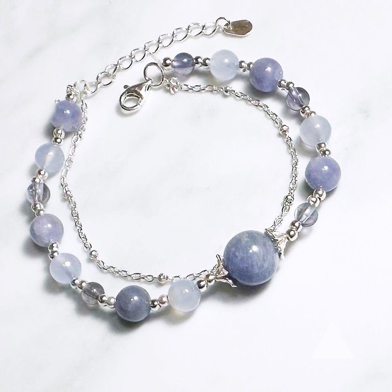 Morandi and Periwinkle Blue-Tanzanite.Coelite.Blue Agate Design Bracelet-Double Chain Style - Bracelets - Silver Purple
