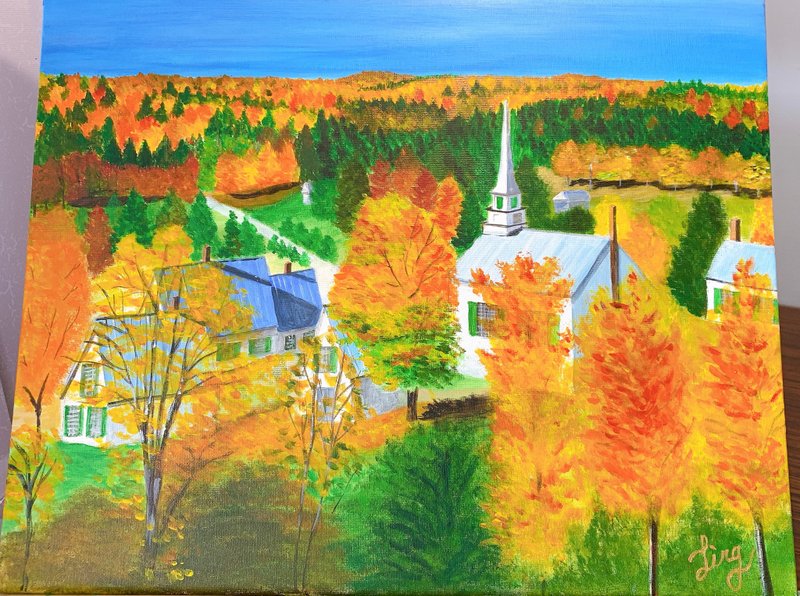 New England in Fall acrylic painting - โปสเตอร์ - อะคริลิค สีส้ม