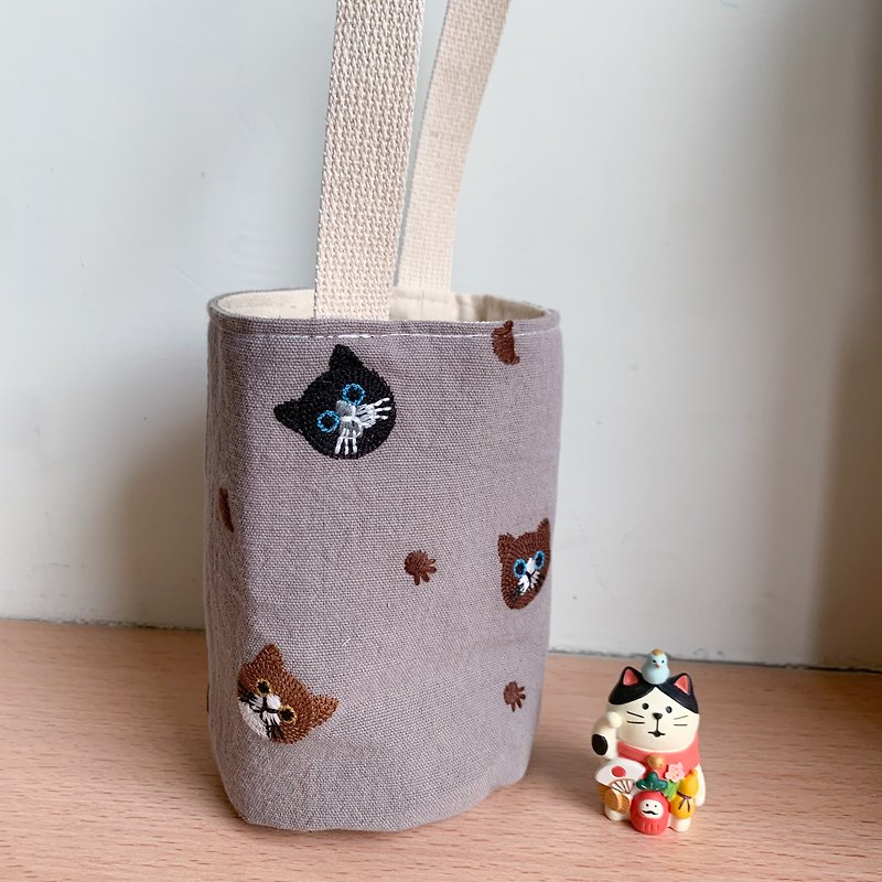 刺繡猫飲料カップホルダー - クラッチバッグ - コットン・麻 グレー