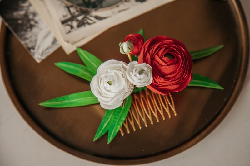 Other Materials Hair Accessories Red - Red white ranunculus hair comb ,realistic flowers hair accessory for wedding