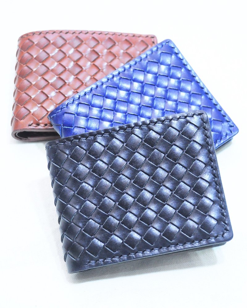 Woven leather short clip Card 3-bit phase short clip leather material bag free embossing leather bag Silver birthday gift for Father's Day gifts Christmas gifts Italian leather vegetable tanned leather valentine - Wallets - Genuine Leather Blue