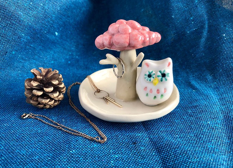 Sakura with Owl ceramic jewel plate - Items for Display - Porcelain Pink