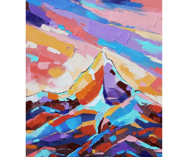 山の夕日の絵 ネパールのオリジナルアート 風景のアートワーク