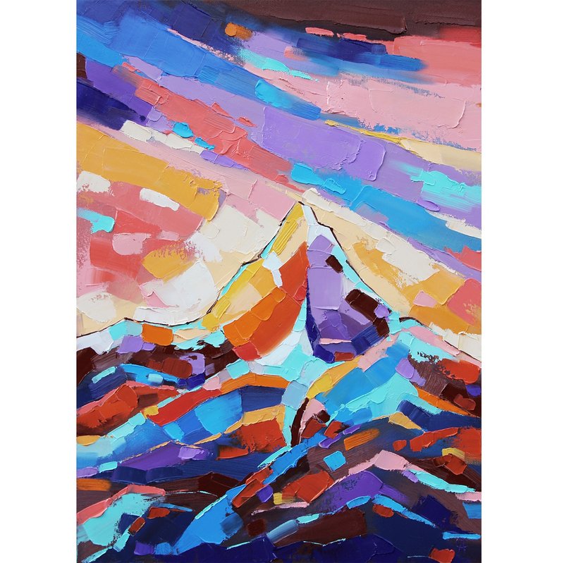 Mountain Sunset Painting Nepal Original Art Landscape Artwork Himalayas Art - 海報/掛畫/掛布 - 其他材質 多色