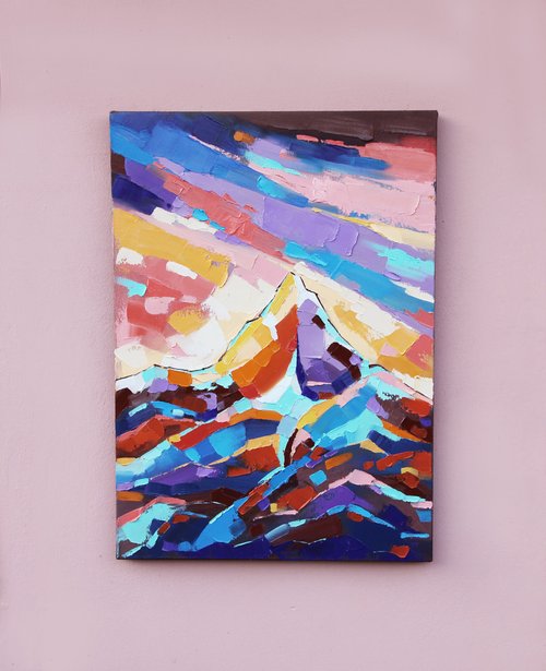 山の夕日の絵 ネパールのオリジナルアート 風景のアートワーク