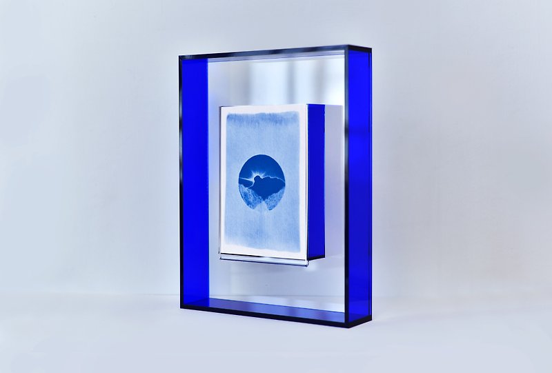 Framed Handmade Blueprint Art Paint, Cyanotype Art on Japanese Paper, Lionrock - โปสเตอร์ - กระดาษ สีน้ำเงิน