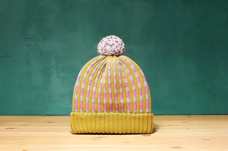 Wasabi Stripes Detachable PomPom Beanie Hat - หมวก - ผ้าฝ้าย/ผ้าลินิน สีเหลือง
