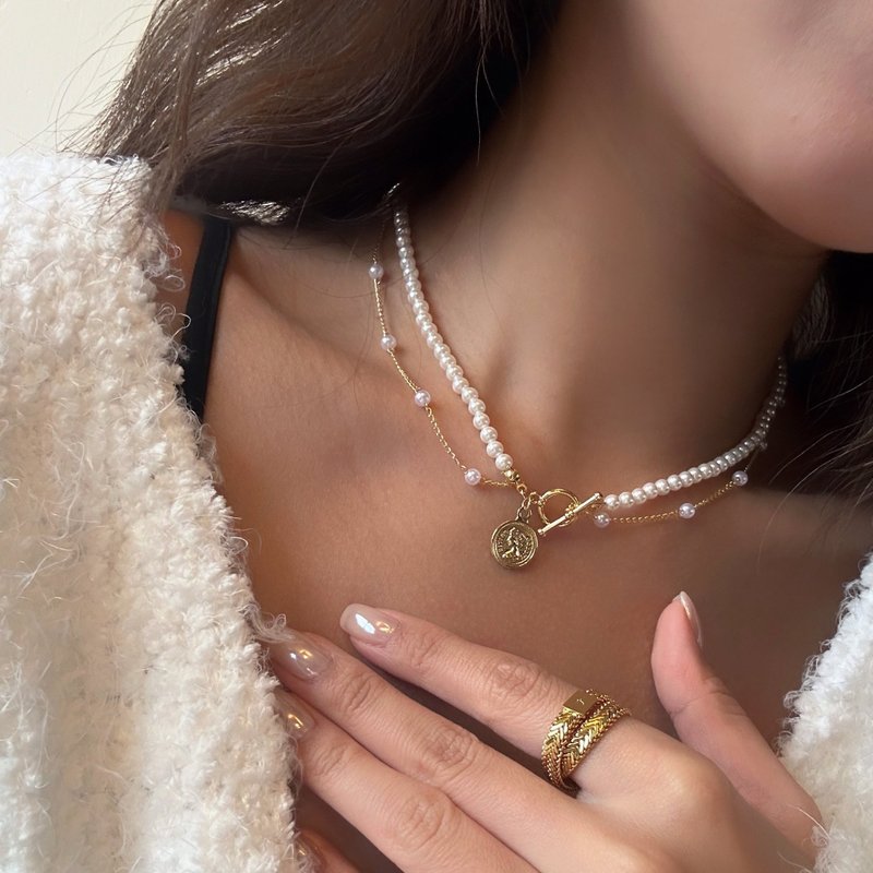 vintage double pearl necklace - สร้อยคอ - ไข่มุก สีทอง