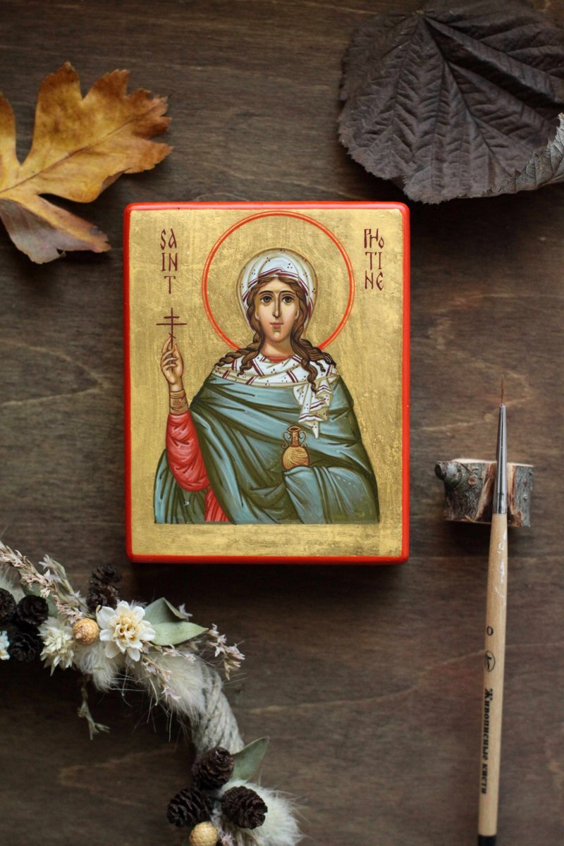 hand painted orthodox wood icon saint Saint Photine the Samaritan pocket size - 其他 - 木頭 綠色