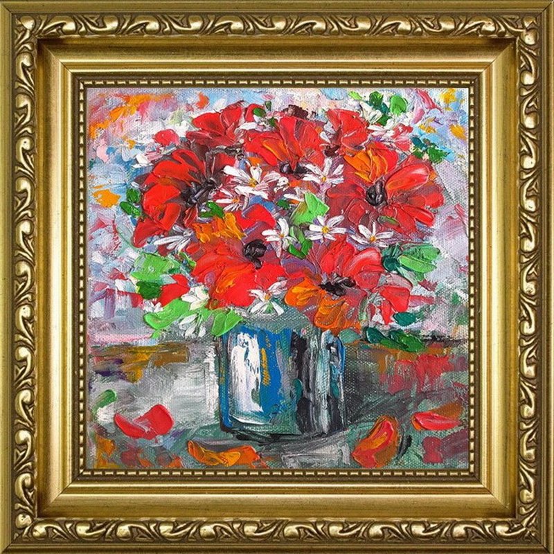 Red flowers bouquet in vase impasto small size oil painting on canvas - 壁貼/牆壁裝飾 - 其他材質 多色