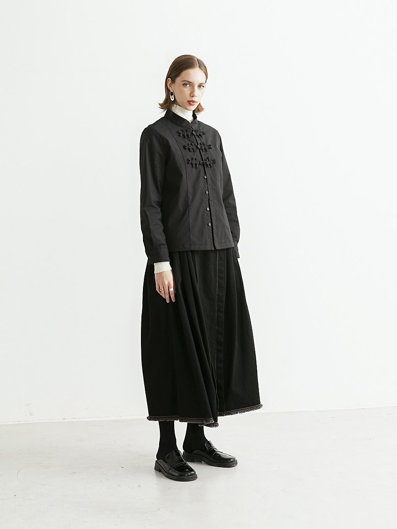 中国風デザイン スタンドカラーコットンシャツ 黒 - シャツ・ブラウス - コットン・麻 ブラック