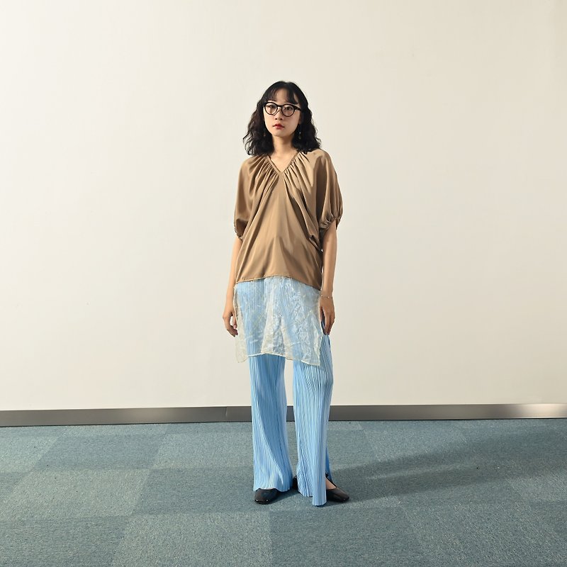 【NaSuBi Vintage】Pleated fabric solid color high waist vintage trousers - กางเกงขายาว - ไฟเบอร์อื่นๆ สีน้ำเงิน