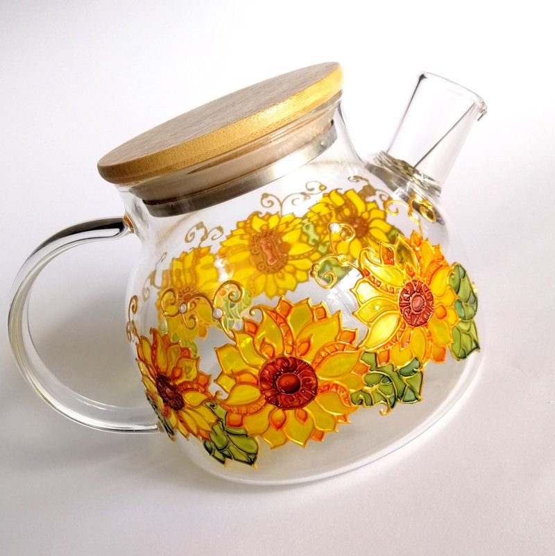 Sunflower teapot personalised Hand painted tea kettle with infuser New home gift - 茶壺/茶杯/茶具 - 玻璃 黃色