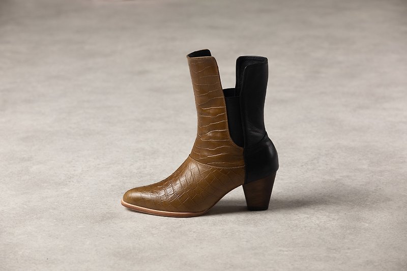 ZOODY / Twin Cotyledon / Handmade Shoes / Mid-heeled Tips in Bucket Boots / Yellow Brown + Black - รองเท้าบูทยาวผู้หญิง - หนังแท้ สีนำ้ตาล