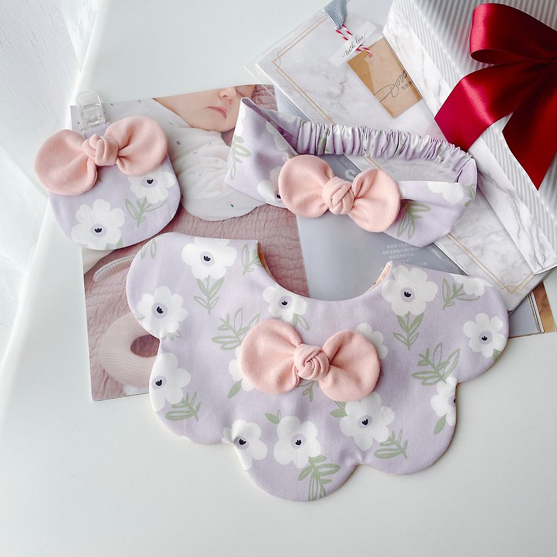 Purple Flower Headband, Bow, Flower Pocket, Peace Talisman Bag, Three-piece Moon Gift Box - Baby Gift Sets - Cotton & Hemp Purple