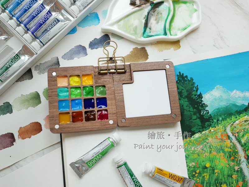 Wooden watercolor palette 15 wells, portable wooden palette, tiny palette - วาดภาพ/ศิลปะการเขียน - ไม้ สีนำ้ตาล