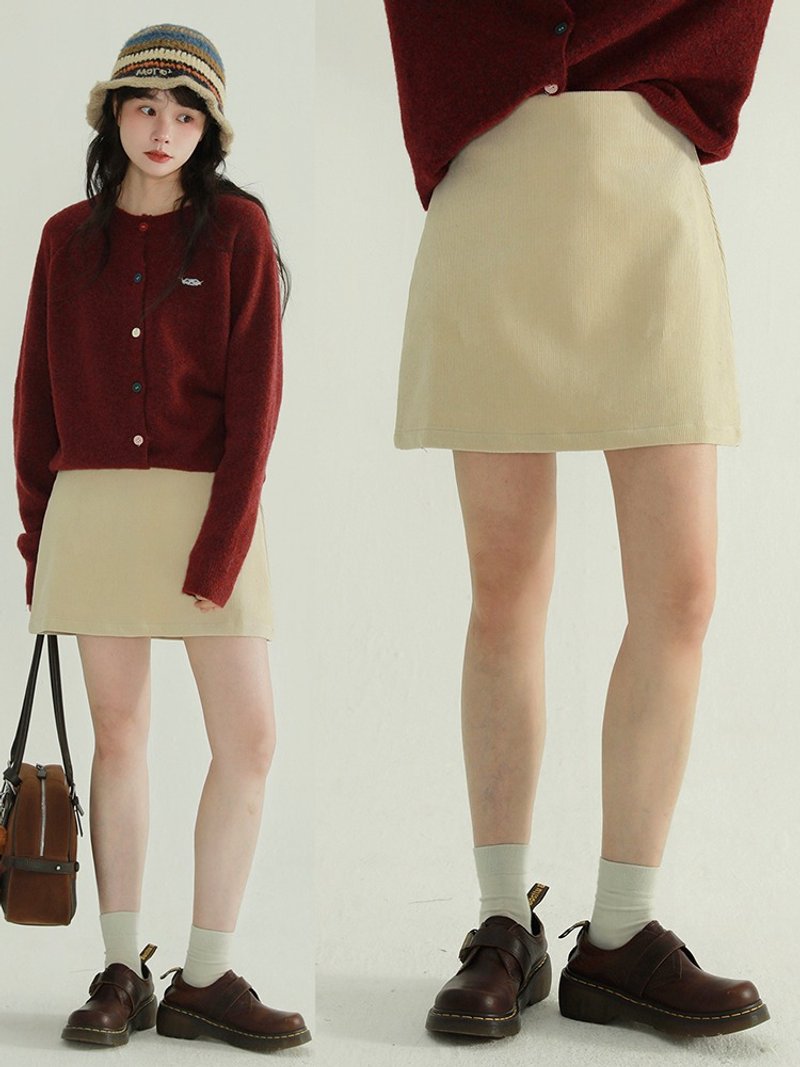 5 colors fine pattern light corduroy short skirt Korean style age-reducing autumn and winter high waist skirt soft and sweet skirt - Skirts - Cotton & Hemp Khaki