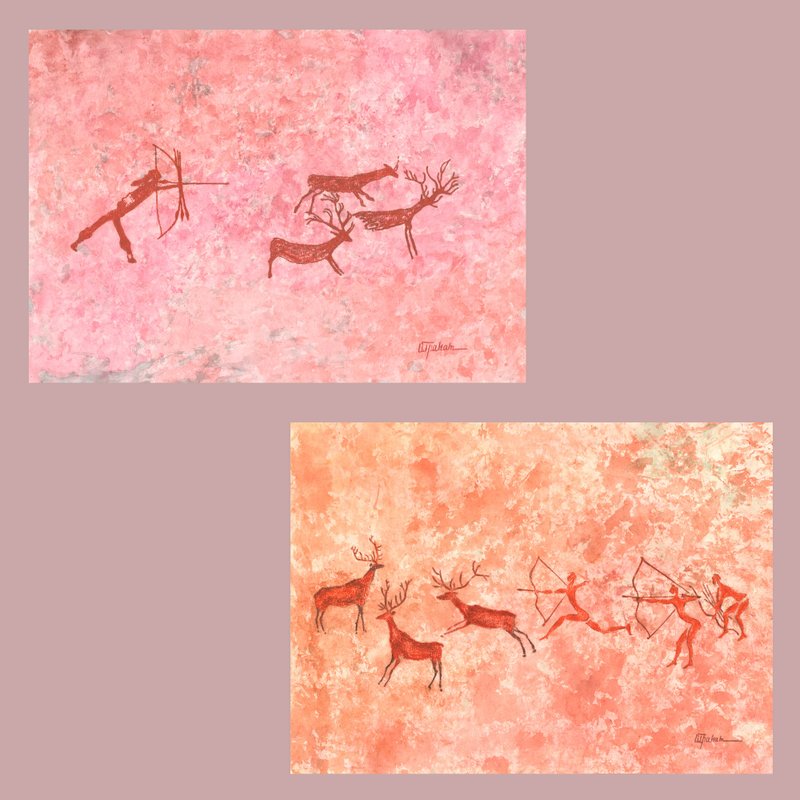 Mammoth hunting painting interior Prehistoric art Watercolor end pastel drawing - 海報/掛畫/掛布 - 紙 紅色