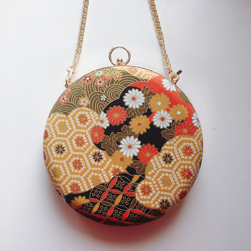 日本のオレンジゴールドクラウドフラワー小さな丸いバッグ - 手に取ることができる/クロスバック - ショルダーバッグ - コットン・麻 ゴールド